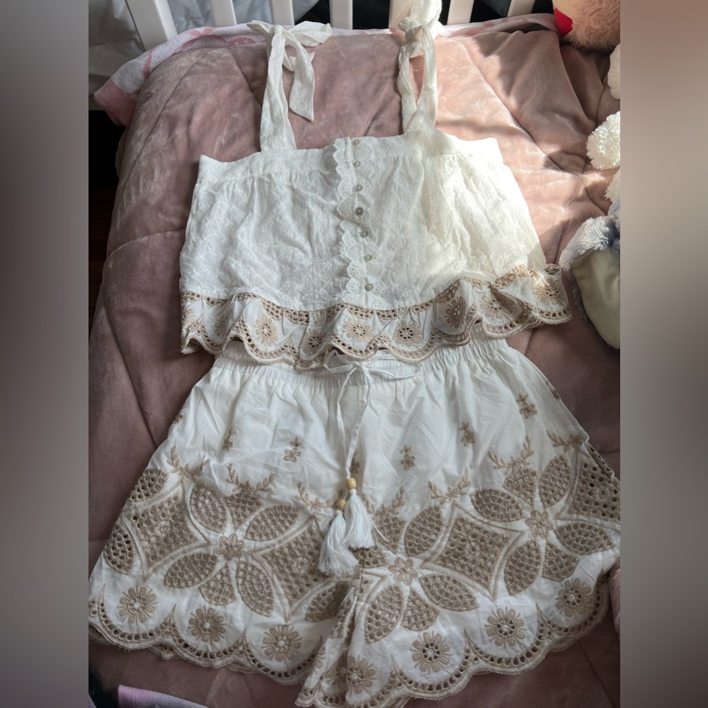 Crochet cream eyelet top and shorts set